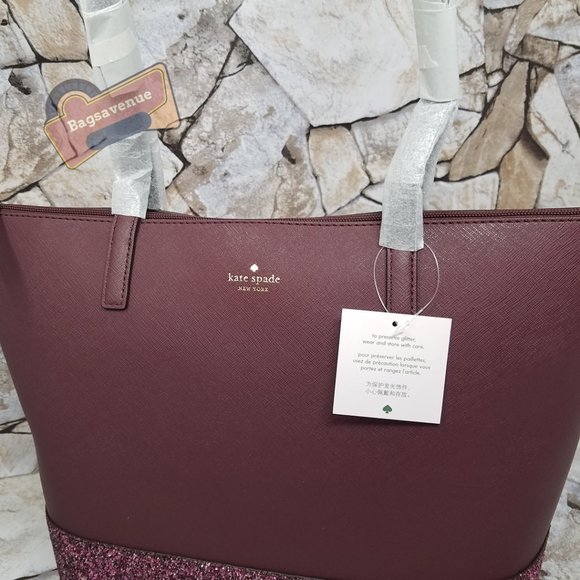#bagsavenue Penny Greta Court Cherrywood Glitter Maroon Glitter Tote Kate Spade - Picture 3 of 14